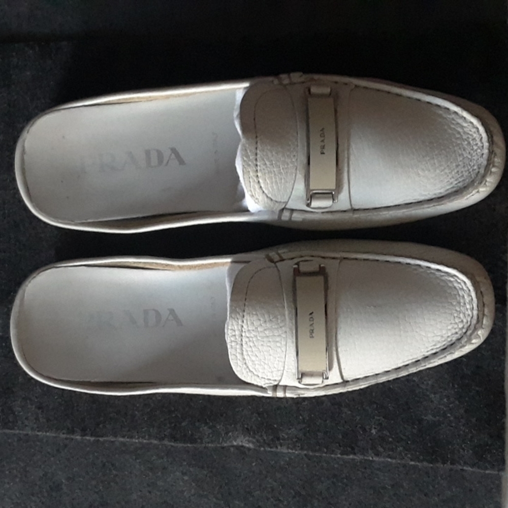 Prada Ivory Leather Driving Loafer/Mules, Size 36, US 5